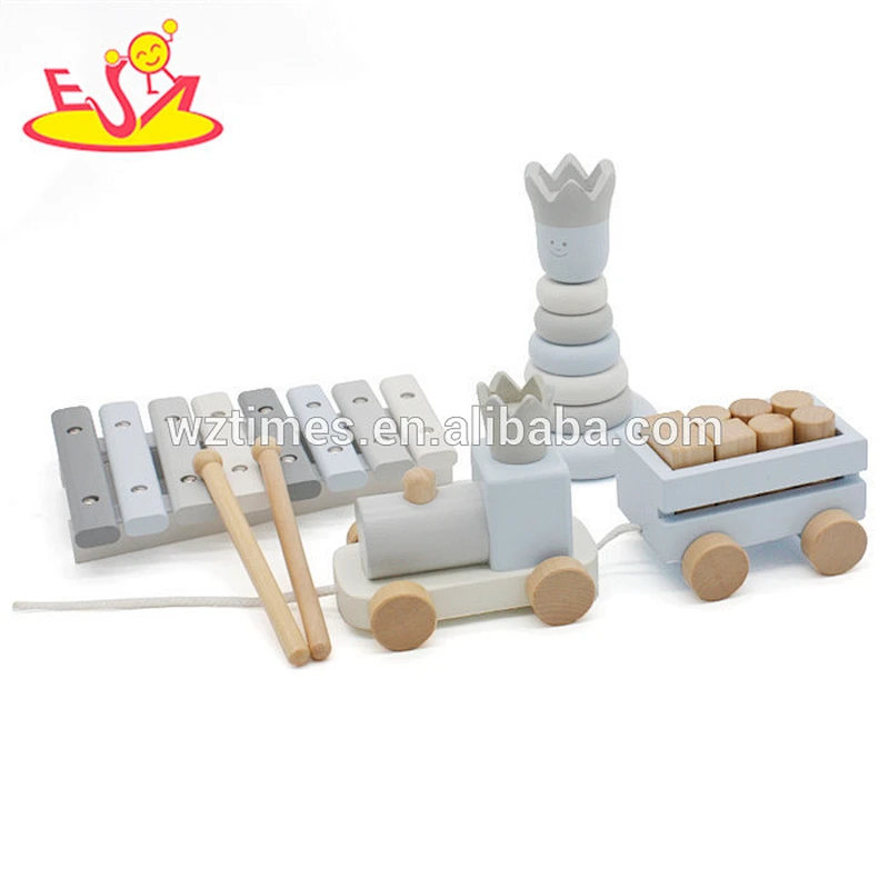 Wholesale beautiful wooden montessori toy with stacking blocks toy&wooden xylophone and pull train toy for baby W12F032