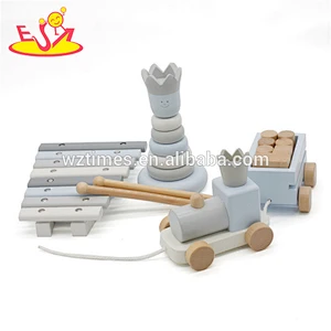 Wholesale beautiful wooden montessori toy with stacking blocks toy&wooden xylophone and pull train toy for baby W12F032