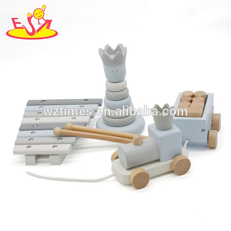 Wholesale beautiful wooden montessori toy with stacking blocks toy&wooden xylophone and pull train toy for baby W12F032