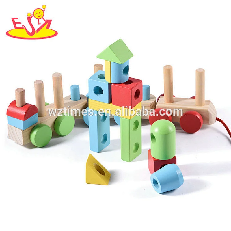 Wholesale wonderful wooden pulling toy and building blocks train for toddlers W05C091