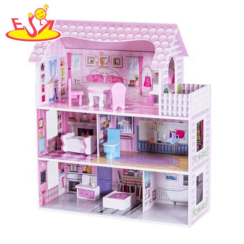New arrival pretend wooden pink dollhouse for girls W06A355