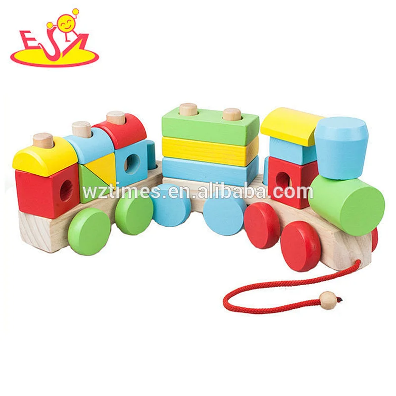 Wholesale wonderful wooden pulling toy and building blocks train for toddlers W05C091