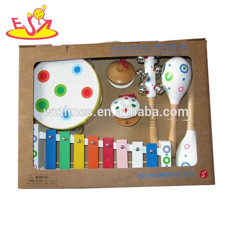 Wholesale popular wooden kids musical toy with flute hand drum and mouth organ W07A033