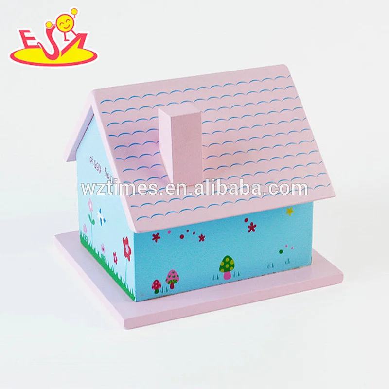 Wholesale top fashion wooden house money box for children storing coins W02A278