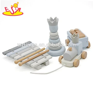 Wholesale beautiful wooden montessori toy with stacking blocks toy&wooden xylophone and pull train toy for baby W12F032