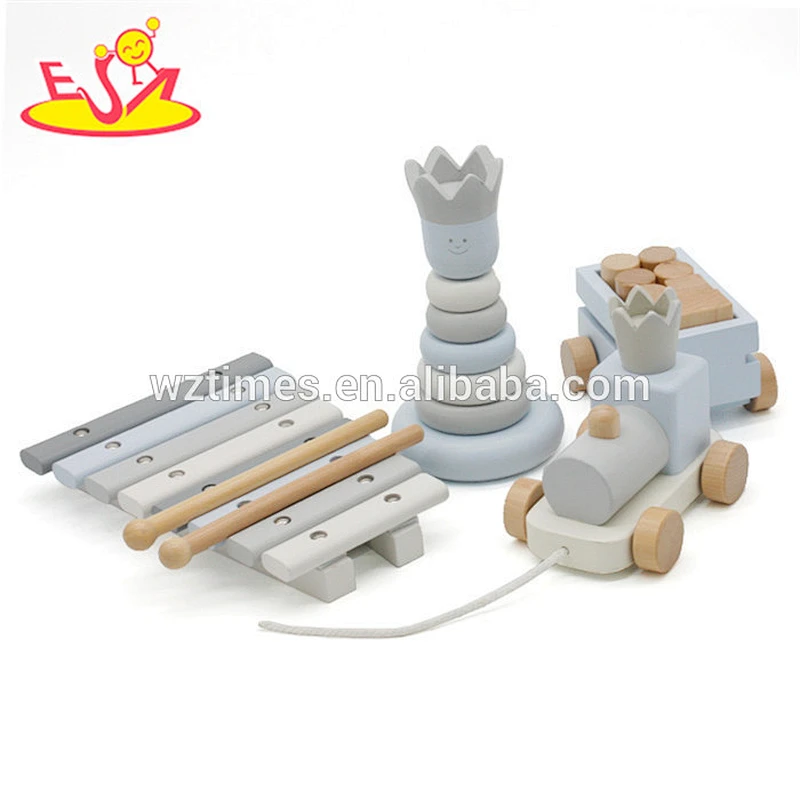 Wholesale beautiful wooden montessori toy with stacking blocks toy&wooden xylophone and pull train toy for baby W12F032