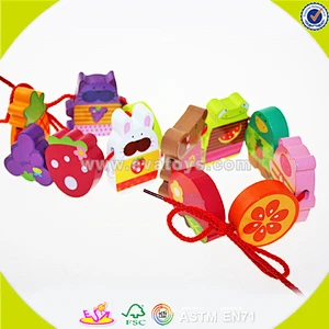wholesale wooden happy threading toy for Kids, beautiful DIY wooden multitype blocks threading toy for children W11E041