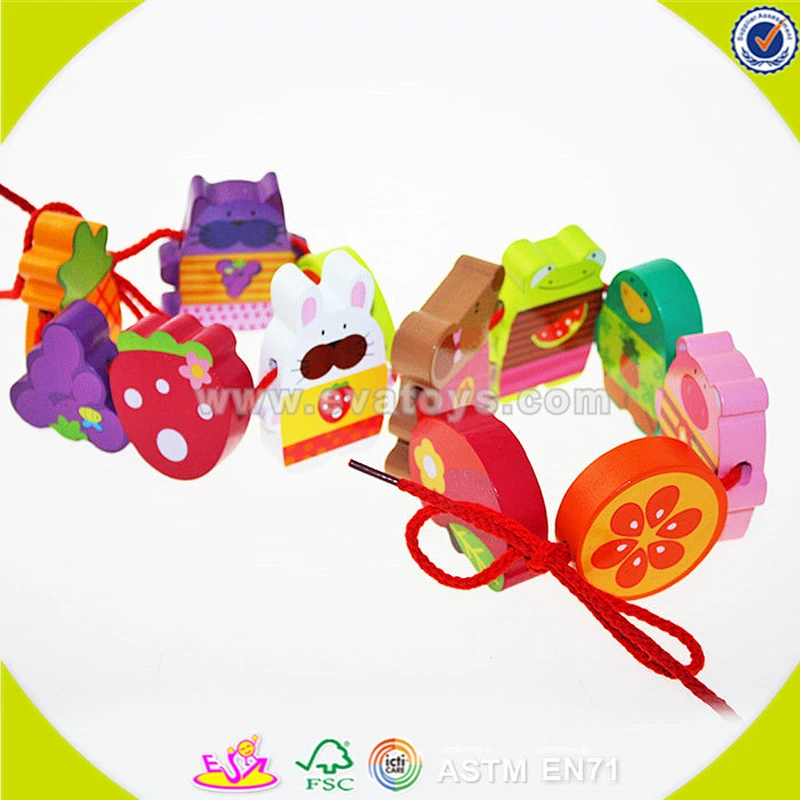 wholesale wooden happy threading toy for Kids, beautiful DIY wooden multitype blocks threading toy for children W11E041