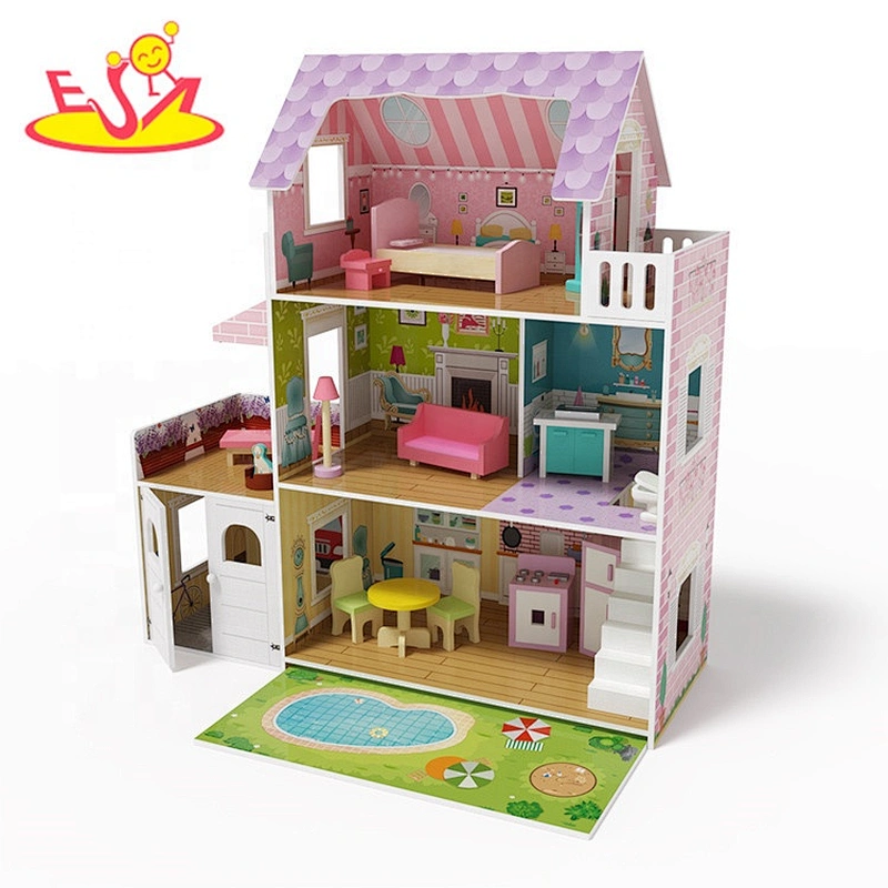 Best design ligthed wooden doll house set with garden W06A381