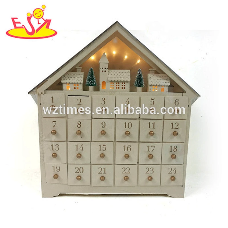 Wholesale pretty house shape wooden white LED christmas calendar for home decoration W09F015