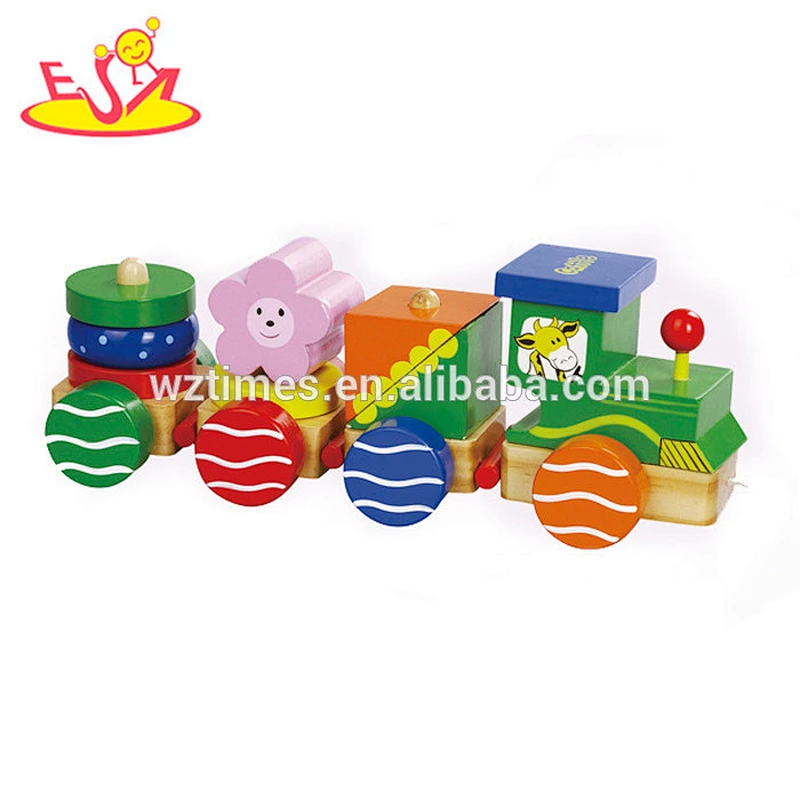 Wholesale colorful kids wooden pull train toy funny baby wooden pull blocks train toy W05C046