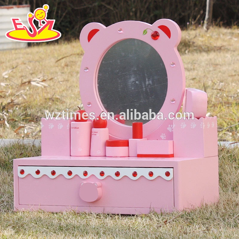 Wholesale girls toy dressing table wooden dress up games in pink W08H077