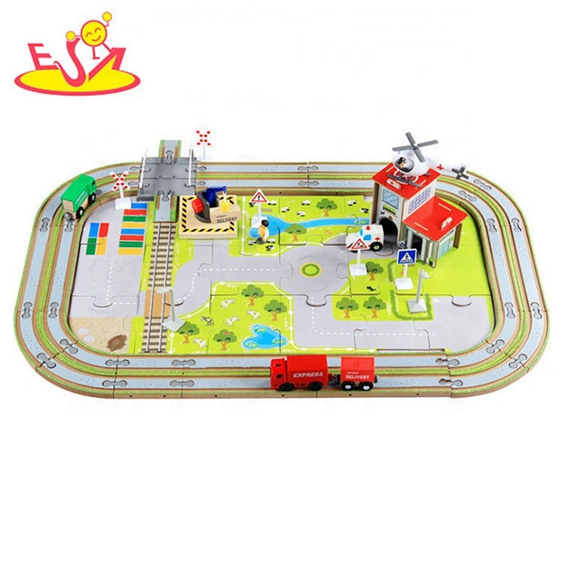 2019 New design kids educational wooden train jigsaw puzzles with railway W04C181