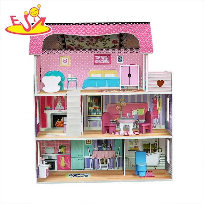 Best design pink wooden miniature dollhouse with 3 tiers W06A380B