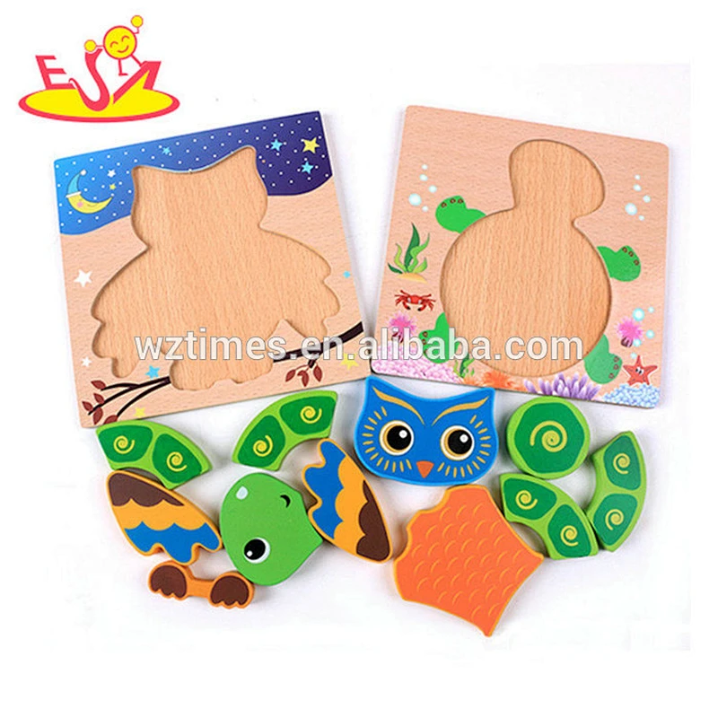 Wholesale new fashion owl pattern wooden toy 3d animal shape puzzle for toddlers W14D043