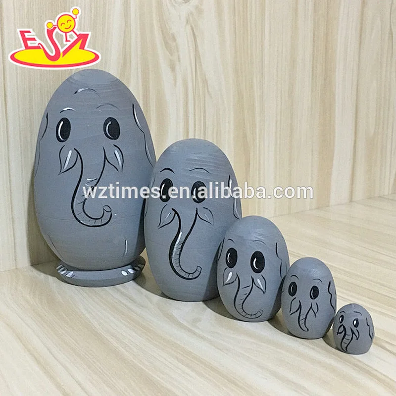 2018 Wholesale simple elephant design 5 pcs wooden nesting dolls russian for child W06D108