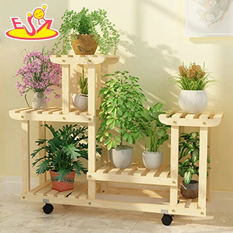 New arrival 4 layers decorative natural wood plant stand with wheels W08H117B