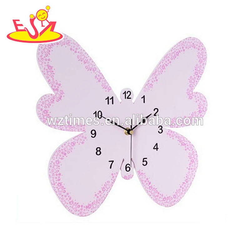 2018 wholesale pink butterfly wooden kids wall clock best design kids wall clock new wooden kids wall clock W09D019