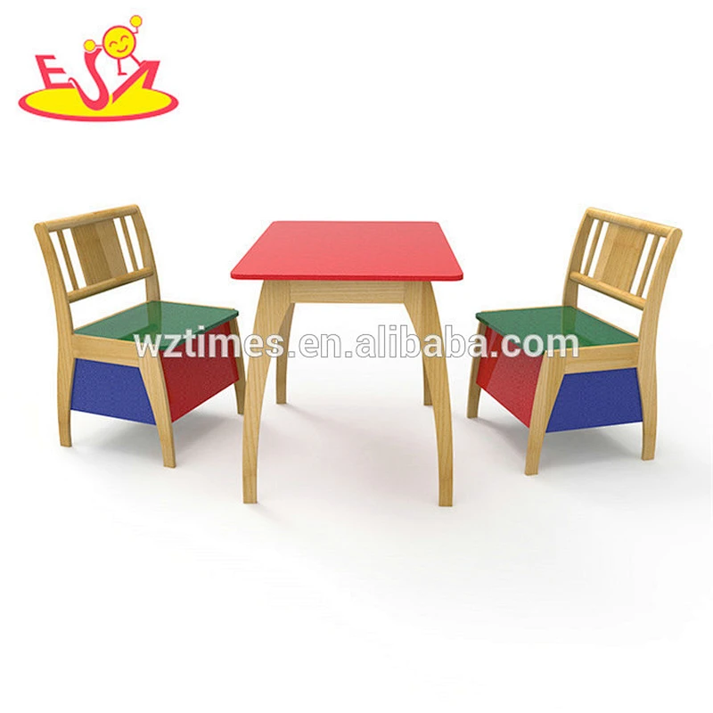 New hottest colored 1 table 2 chair set wooden kids study table and chair with storage function W08G237