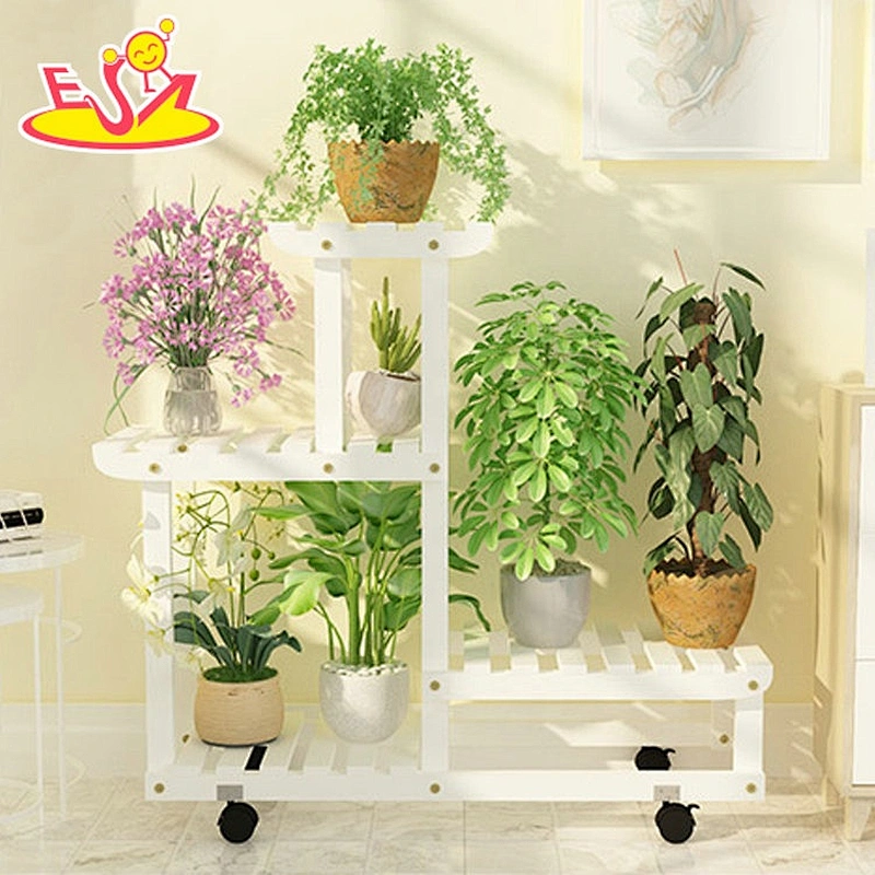 Most popular decorative movable wooden flower pot shelf stand in white W08H116C