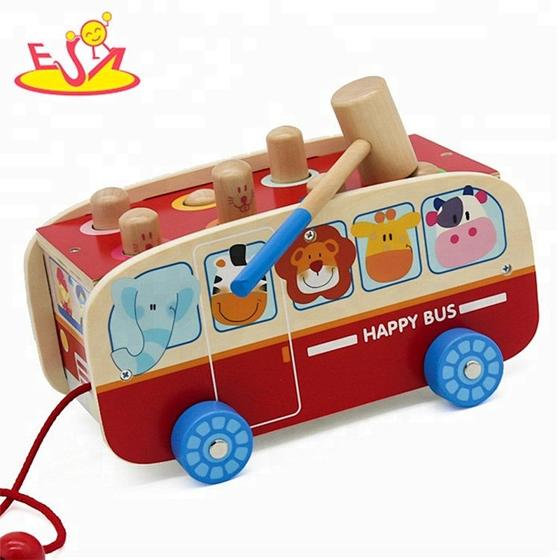 New hottest baby educational pounding games wooden toddler toys in bus shape W05C089