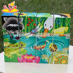 Wholesale interesting wooden cartoon pattern cube jigsaw puzzle toy for kids W14F045