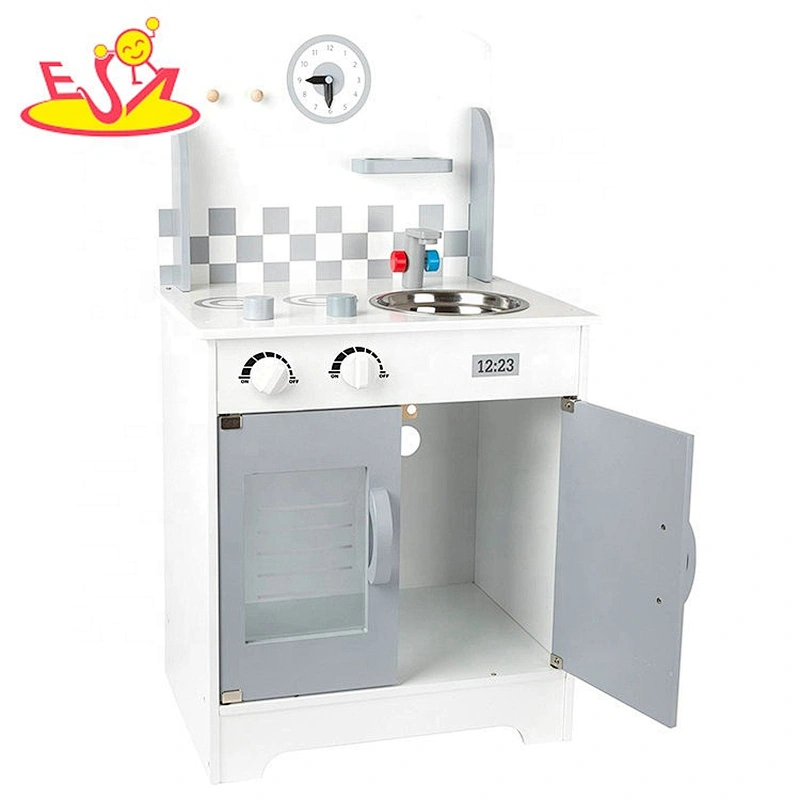 2020 New arrival white kids wooden kitchen set with wall clock W10C535