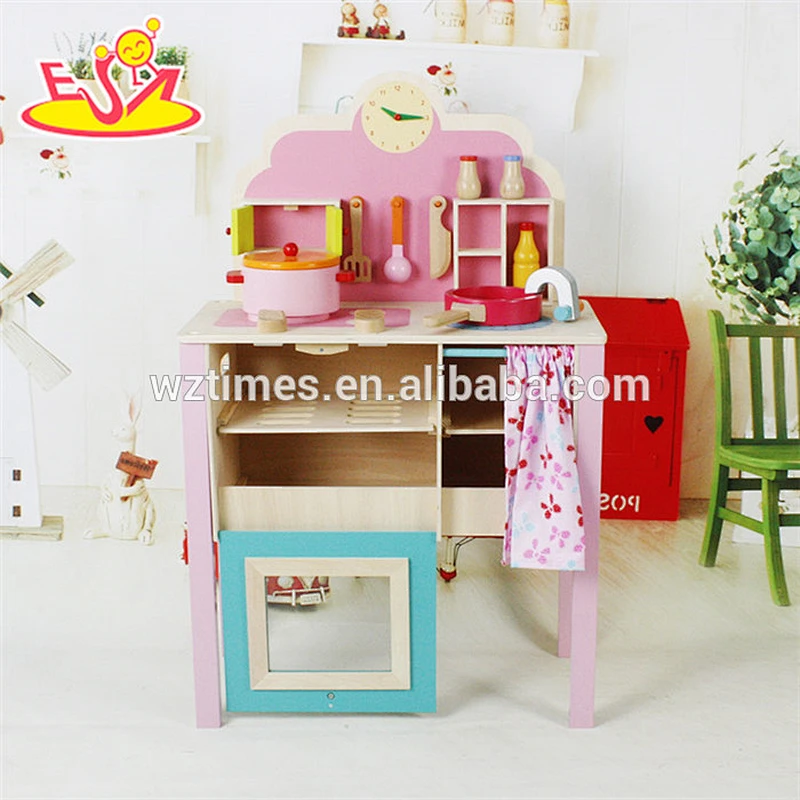 Wholesale lovely wooden pink kitchen set fashion girls wooden pink kitchen set W10C150