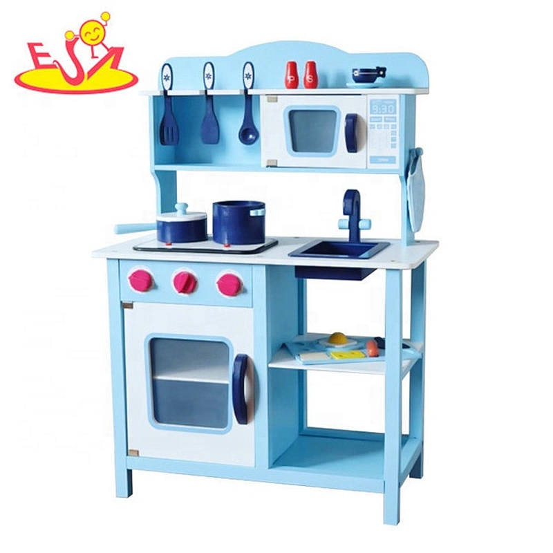2019 Newly released electronic stove blue wooden play kitchen set for children W10C045