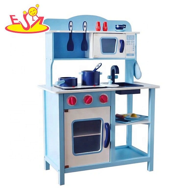 2019 Newly released electronic stove blue wooden play kitchen set for children W10C045