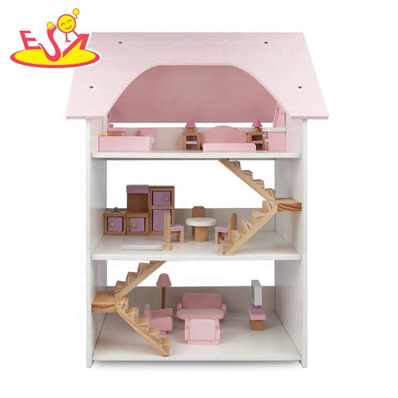 2020 high quality pretend play pink wooden doll house for kids W06A388