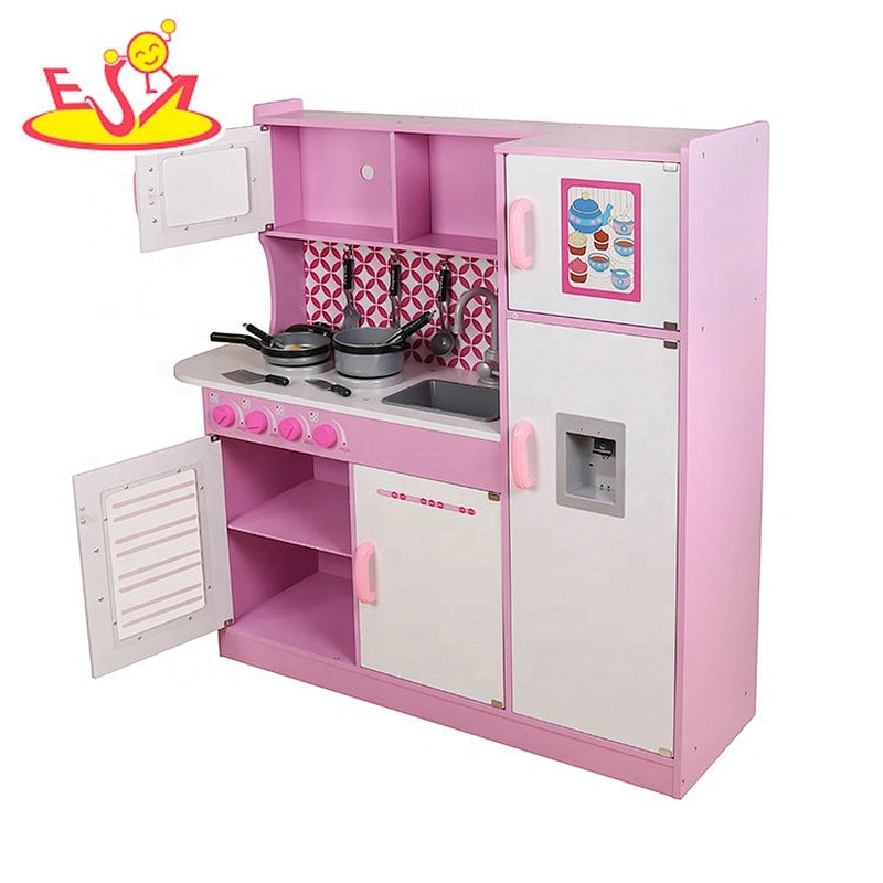2020 most popular pink wooden girls play kitchen for pretend play W10C364B