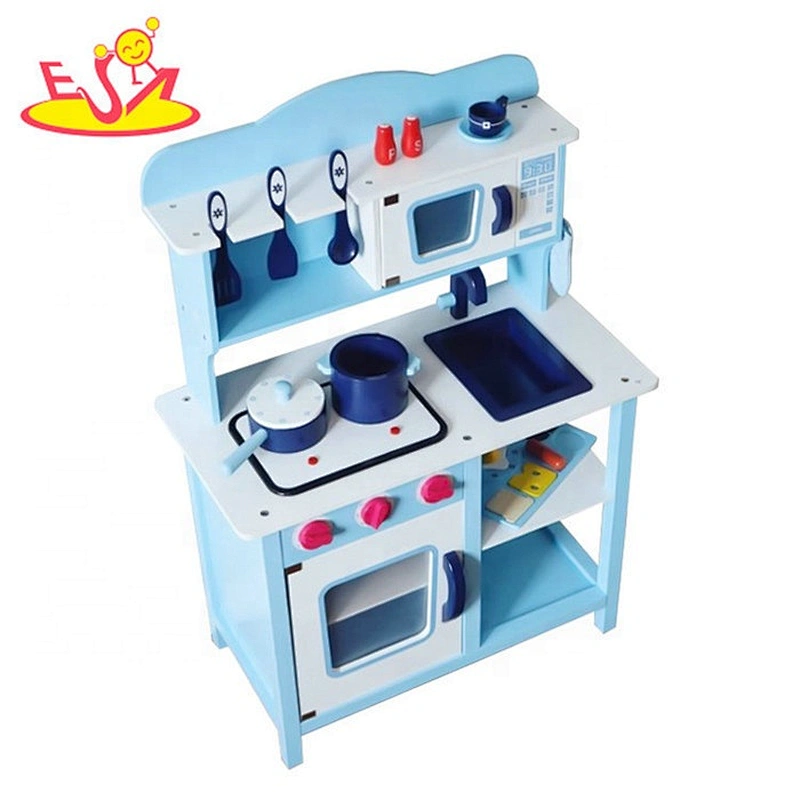 2019 Newly released electronic stove blue wooden play kitchen set for children W10C045