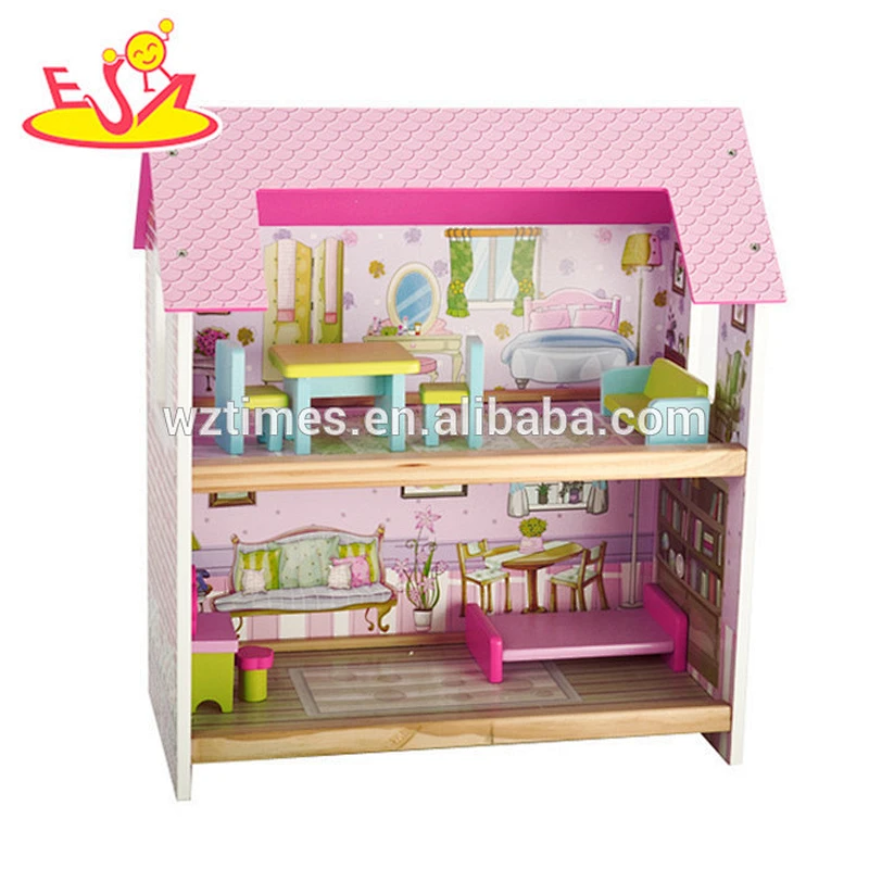 Wholesale most popular wooden girls dollhouse for kids' role play game W06A078