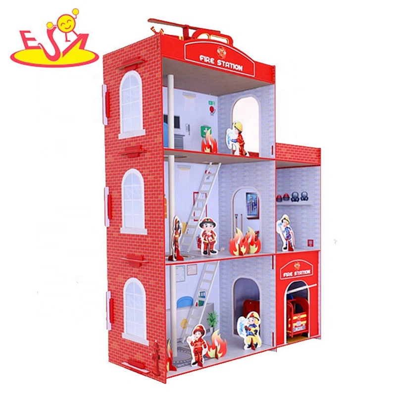 Most popular preschool wooden toy fire station for children W04B084