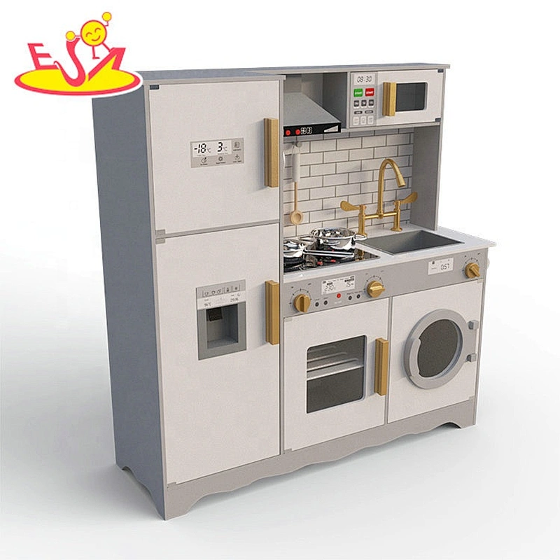 2020 New released kids wooden electronic play kitchen with ice maker, washing machine and refrigerator W10C514