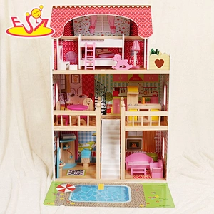 2020 Ready to Ship children wooden led doll house with pool W06A333E