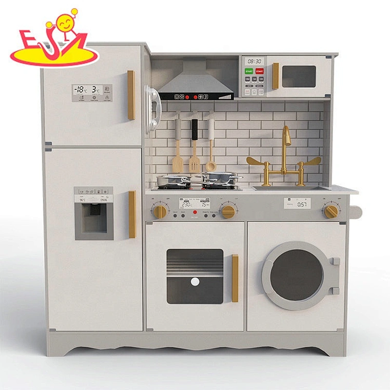 2020 New released kids wooden electronic play kitchen with ice maker, washing machine and refrigerator W10C514