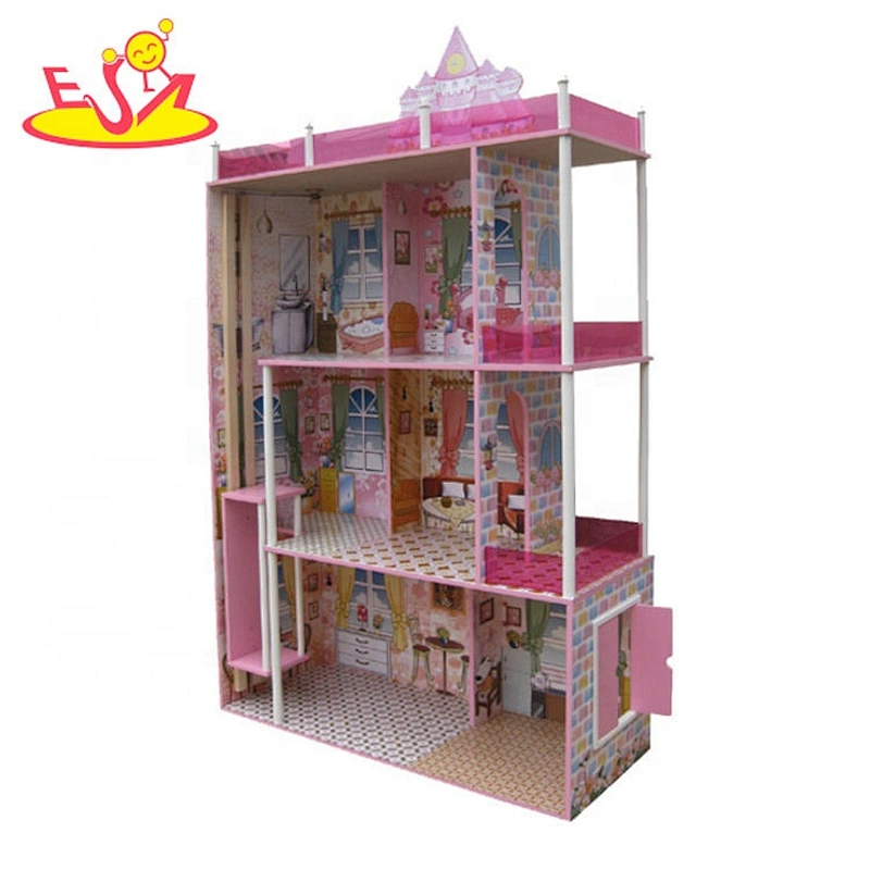 Hot selling role play pink wooden doll dream house for kids W06A407