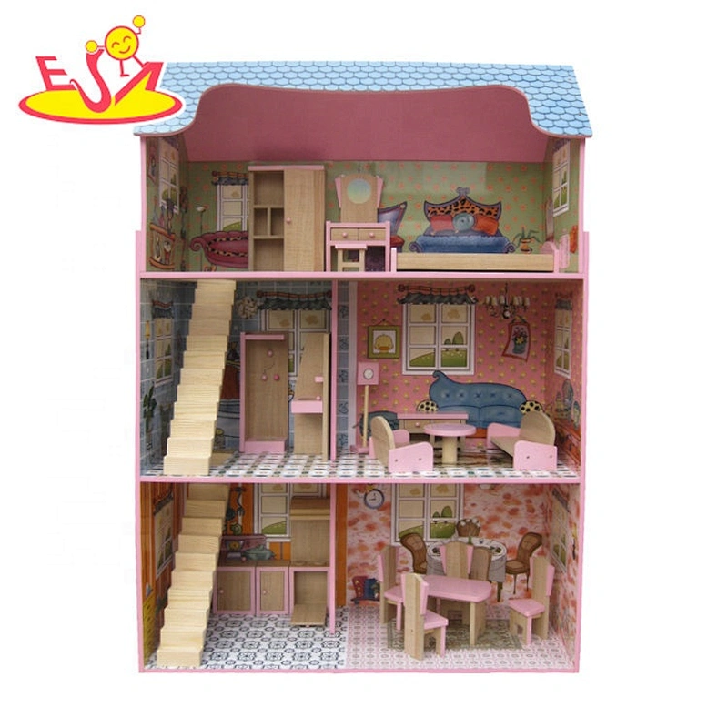Hot selling role play pink wooden doll dream house for kids W06A407