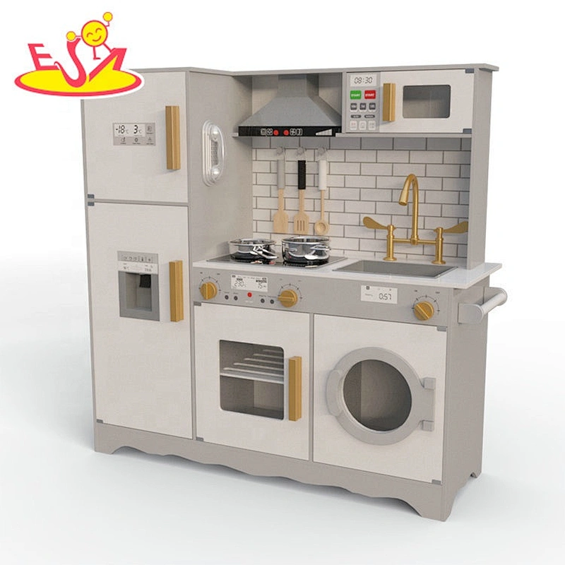 2020 New released kids wooden electronic play kitchen with ice maker, washing machine and refrigerator W10C514
