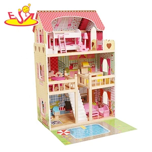 2020 Ready to Ship children wooden led doll house with pool W06A333E