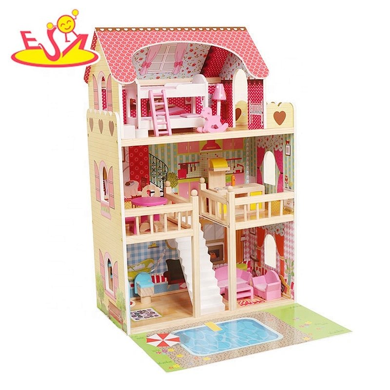 2020 Ready to Ship children wooden led doll house with pool W06A333E