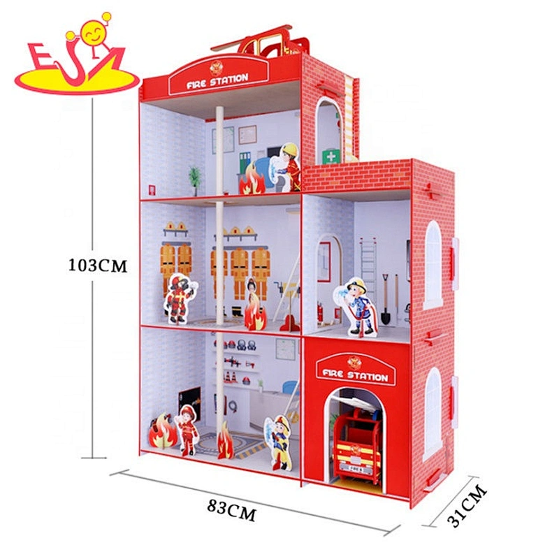Most popular preschool wooden toy fire station for children W04B084