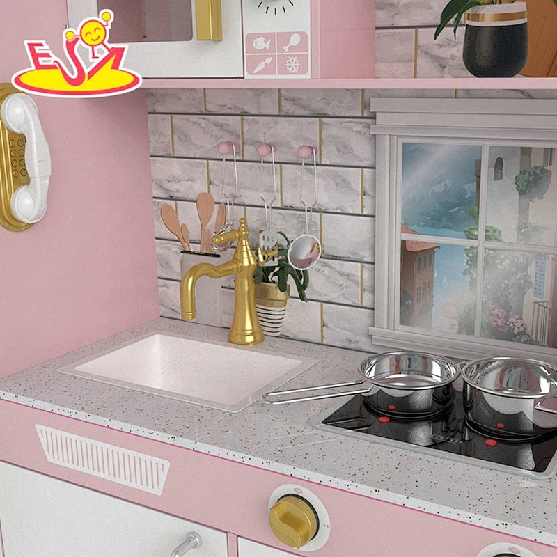 Customize pink wooden play toy kitchen with refridgerator W10C597E