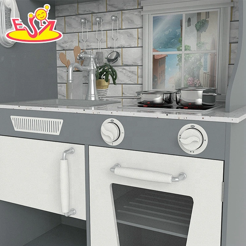 Customize children grey wood kitchen toy with drinking fountain W10C597F