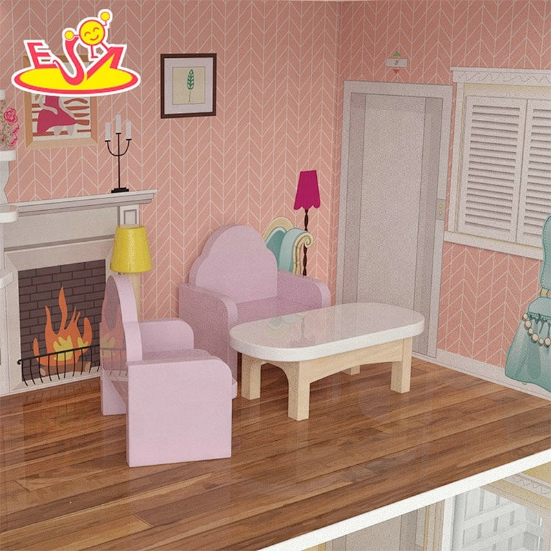 Customize kids wooden doll house game toys with garden tree W06A416