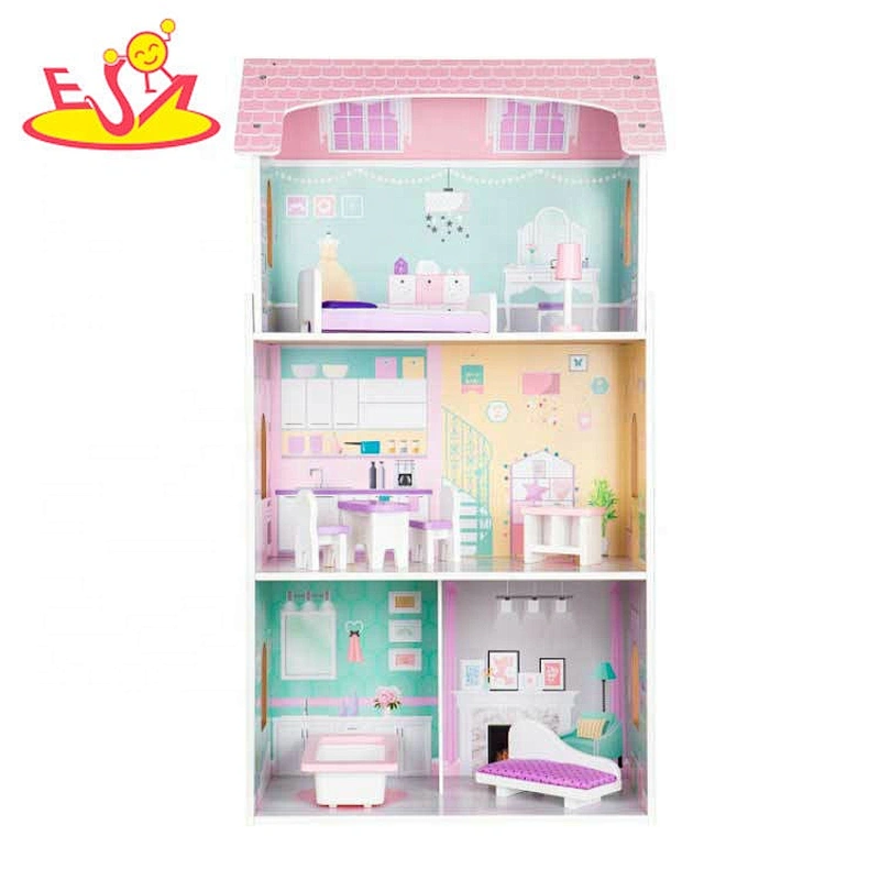 Customize pink wooden doll house set for girls W06A398