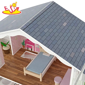 Customize kids wooden doll house game toys with garden tree W06A416