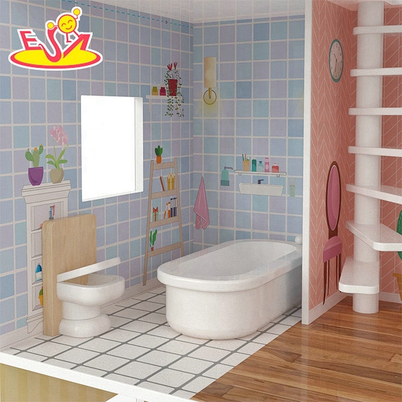 Customize kids wooden doll house game toys with garden tree W06A416